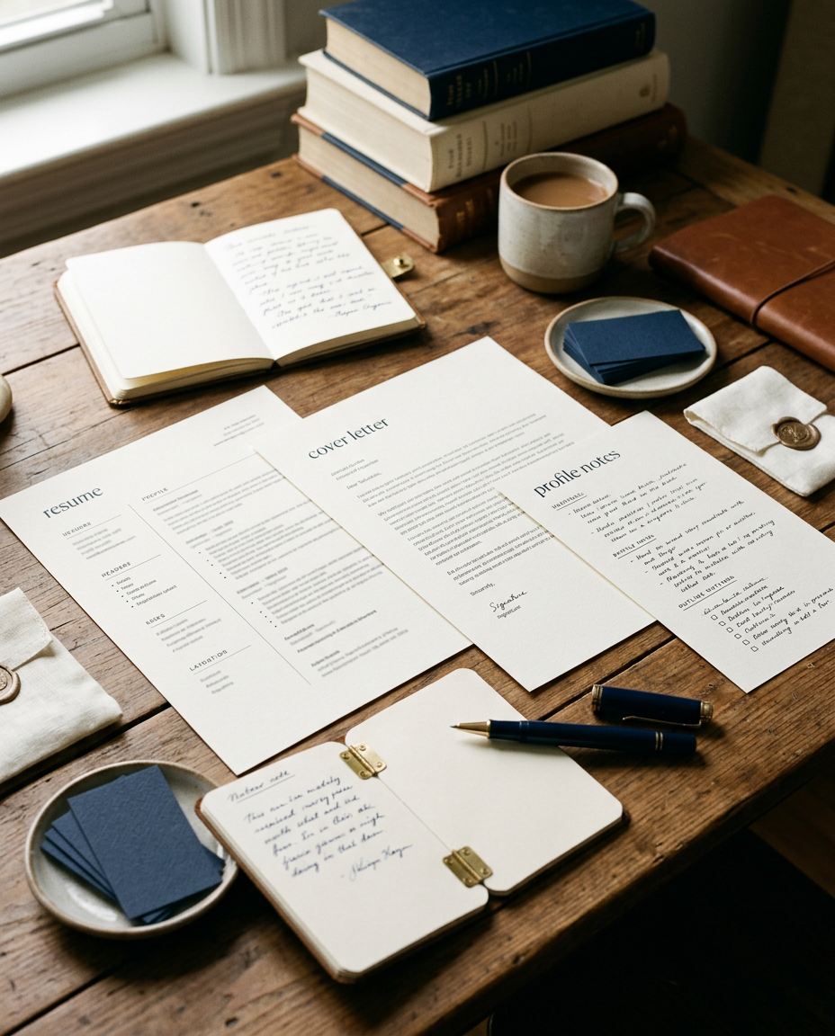 Brand strategy documents arranged on an editorial desk