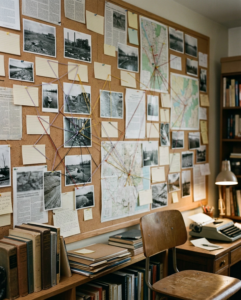Research wall and editorial notes in an empty writing studio