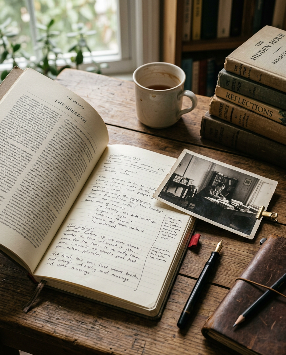 Annotated long-form manuscript in a quiet workspace